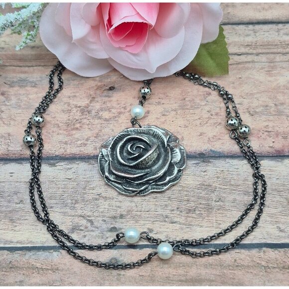 Rachel Roy Gunmetal Chain Silver Tone Rose Pendant Necklace Whimsy Goth Romance - Picture 7 of 11